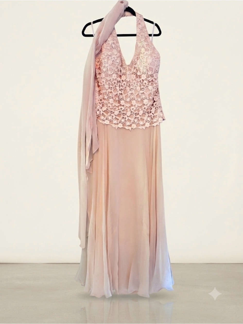 Cameron Blake Mon Cheri 100% SILK Gown Sz 8 Blush Pink Lace Halter Dress & Scarf